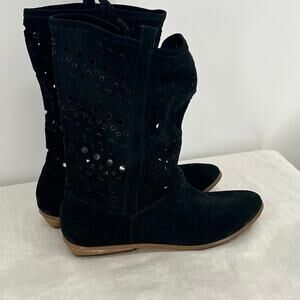 DECREE Woman's Black Suede Slouchy Laser Cut Western Style Boots 7.5 GothCowgirl